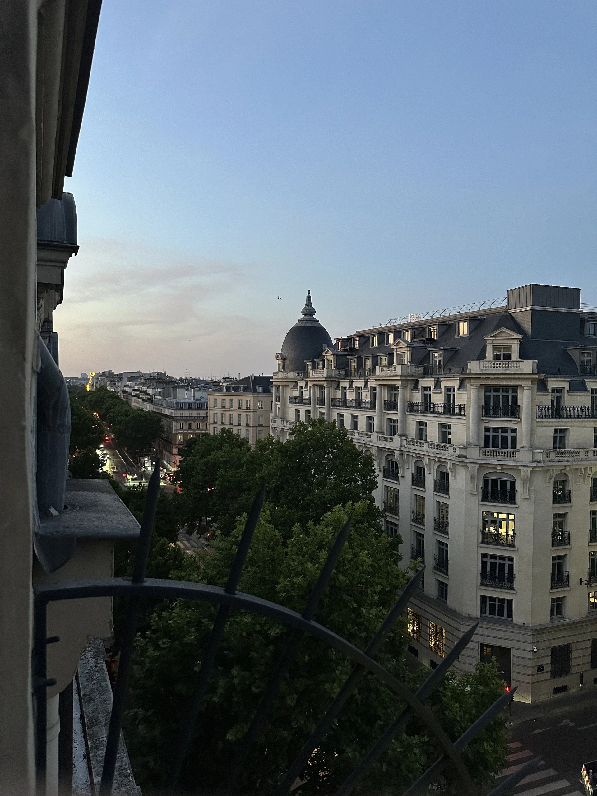 Toits haussmanniens au crépuscule depuis un balcon